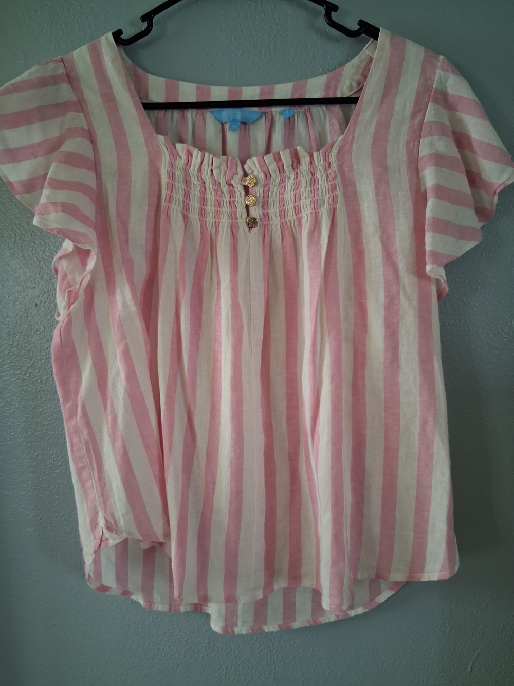 Draper James RSVP Cabana Pink White Stripe Ruffle Sleeve Top Linen/Cotton Blend